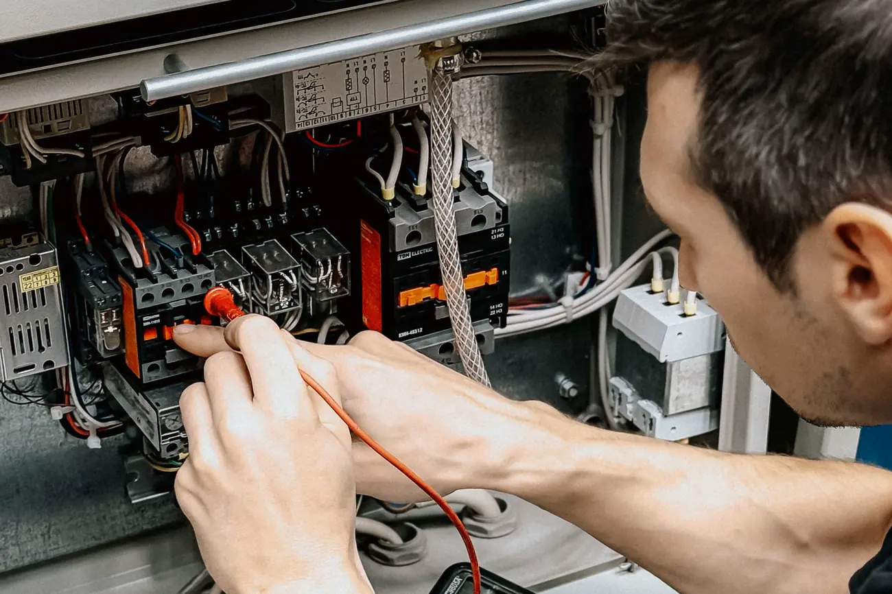 Pomiar multimetrem na listwie zaciskowej w otwartej rozdzielnicy podczas audytu instalacji